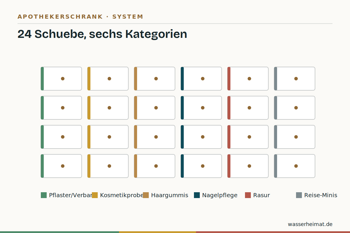 24 Schübe sinnvoll belegen Infografik: Belegung von 24 Apothekerschub-Fächern im Badezimmer