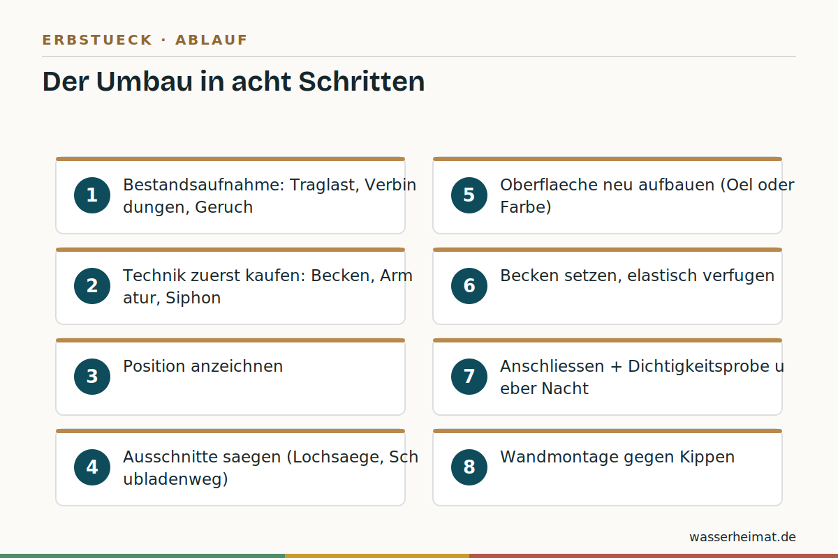 Der Umbau im Überblick Infografik: acht Schritte vom Erbstück zum Waschtisch