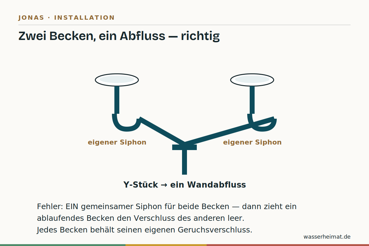 Zwei Becken, ein Abfluss Infografik: zwei Siphons auf einen Wandabfluss – korrekte Verrohrung mit Y-Stück