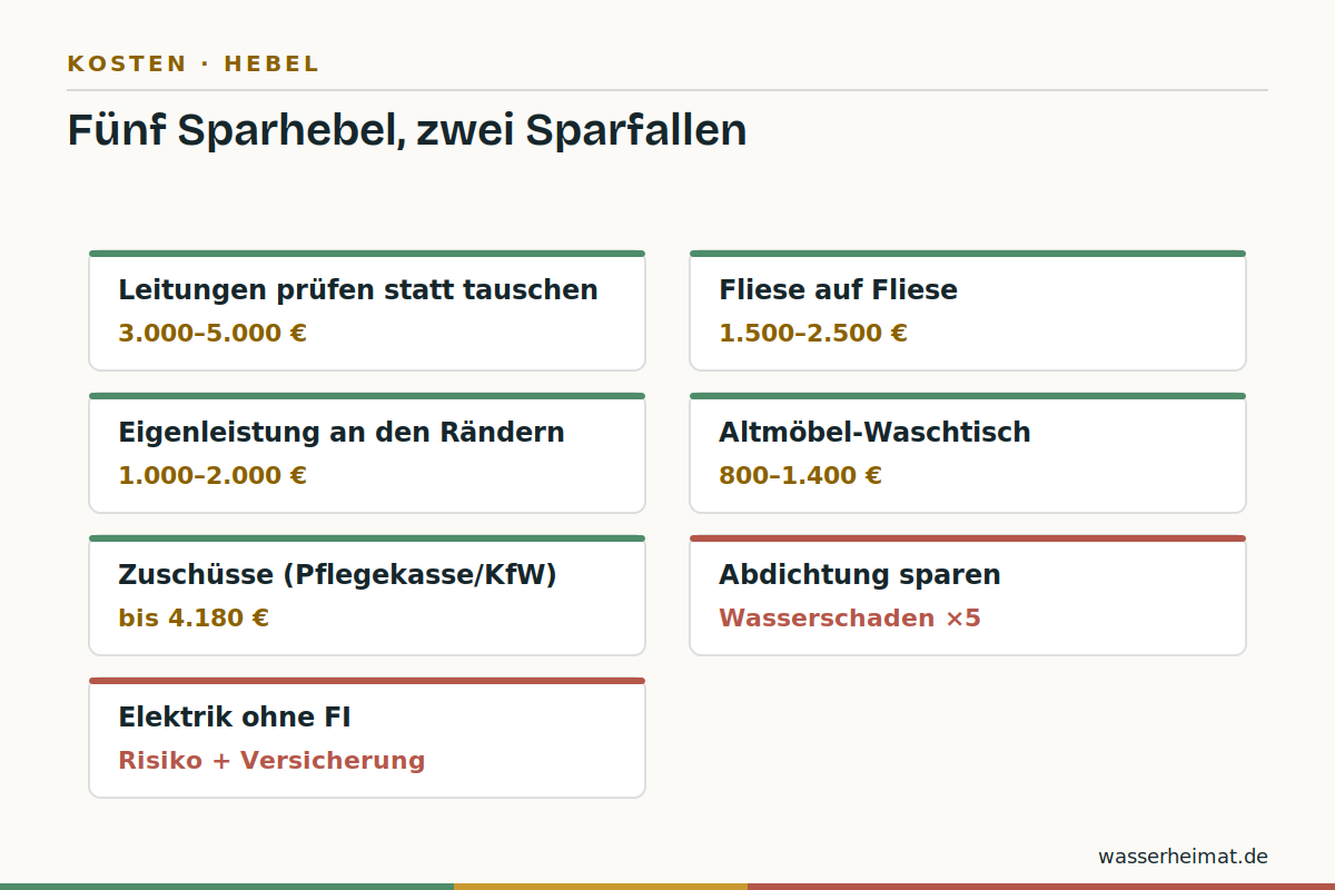 Sparen mit System Infografik: fünf Sparhebel und zwei Sparfallen bei der Badsanierung