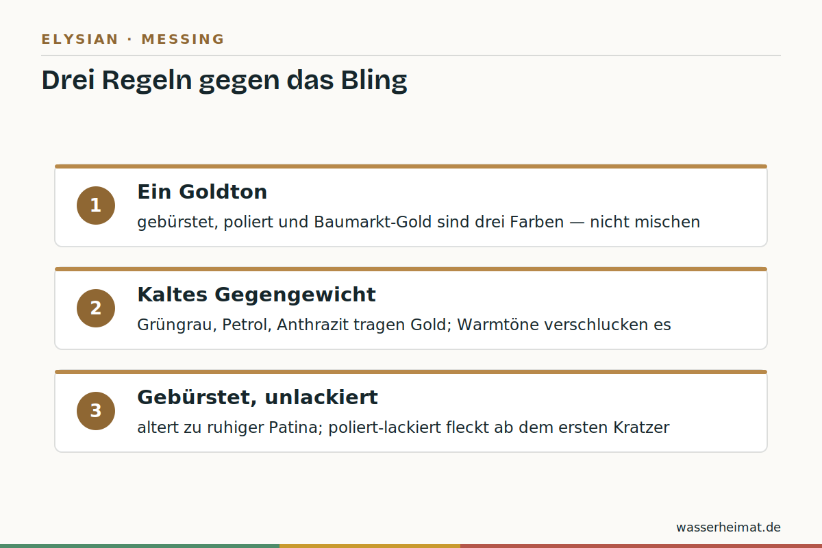 Infografik: drei Messing-Regeln – ein Farbton, kaltes Gegengewicht, gebürstet statt poliert