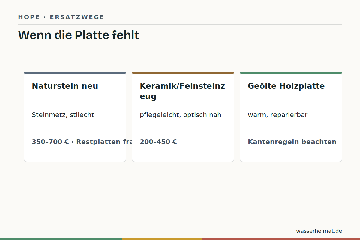 Infografik: Plattenalternativen wenn Marmor fehlt – neuer Naturstein, Keramikplatte, Holz