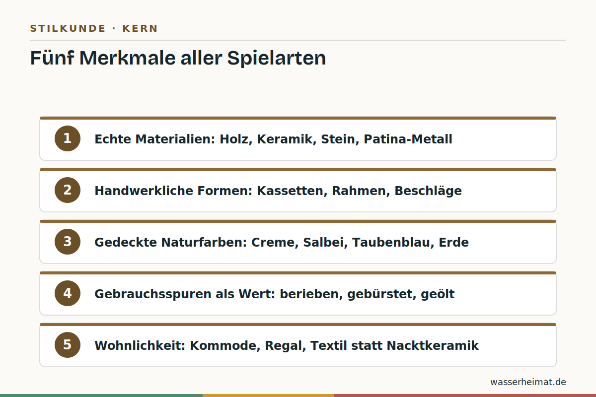 Der gemeinsame Nenner Infografik: fünf Kernmerkmale des Landhausstils im Bad