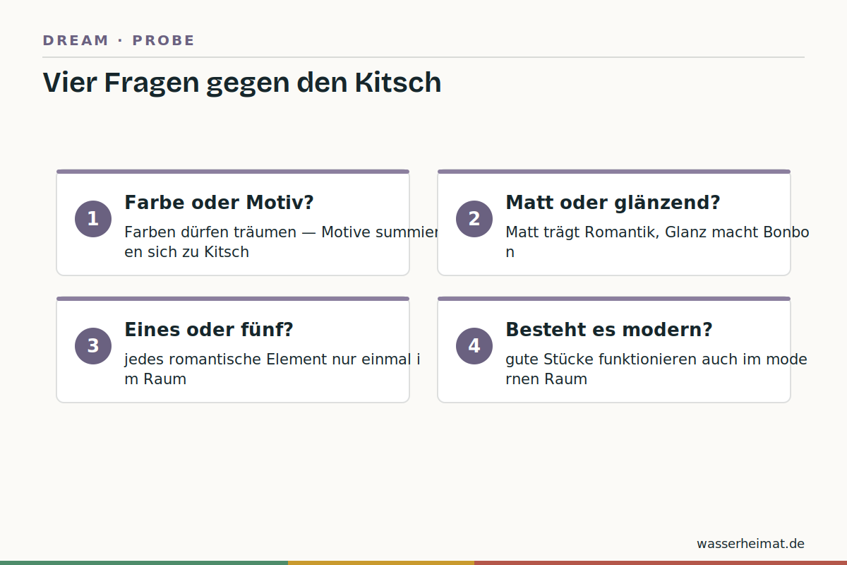 Infografik: Vier-Punkte-Probe für romantische Badgestaltung ohne Kitsch