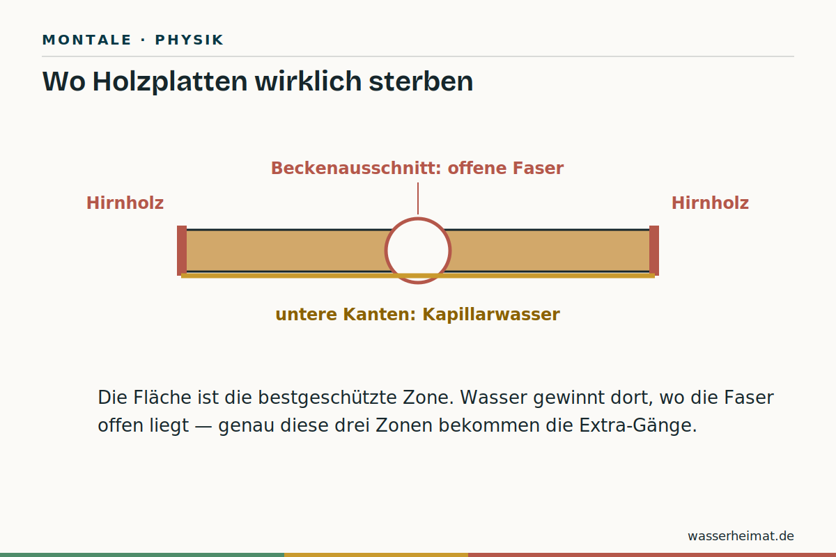 Infografik: drei Schwachstellen von Holzplatten am Waschtisch – Kanten, Beckenausschnitt, Hirnholz