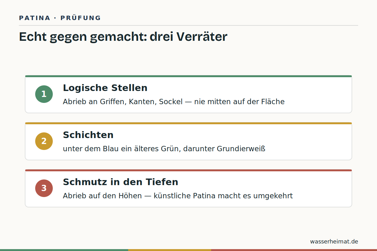 Echt gegen gemacht Infografik: echte gegen gemachte Patina – drei Erkennungsmerkmale