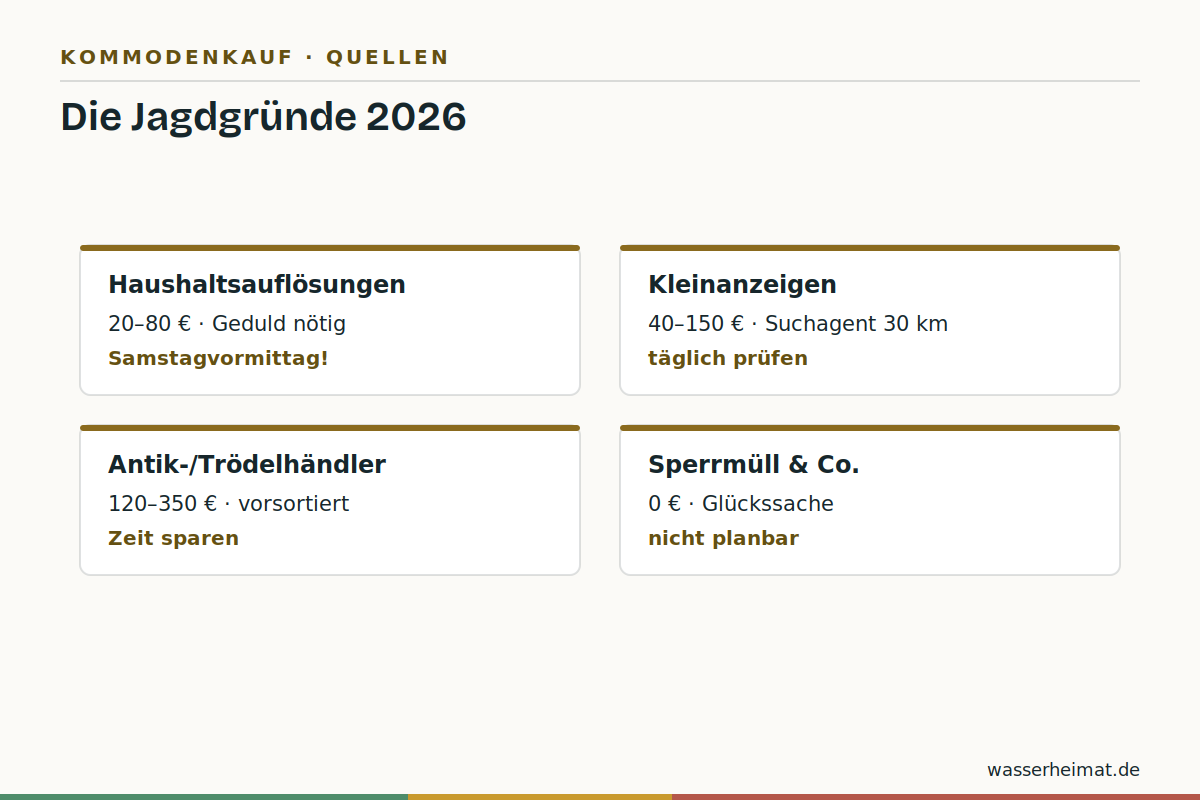Die Jagdgründe Infografik: Bezugsquellen für alte Kommoden nach Preis und Trefferquote