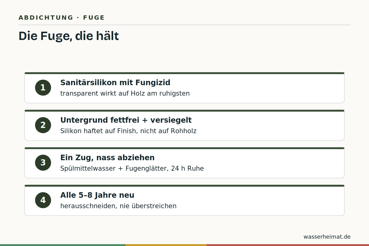 Infografik: die richtige Silikonfuge zwischen Becken und Holzplatte in vier Schritten
