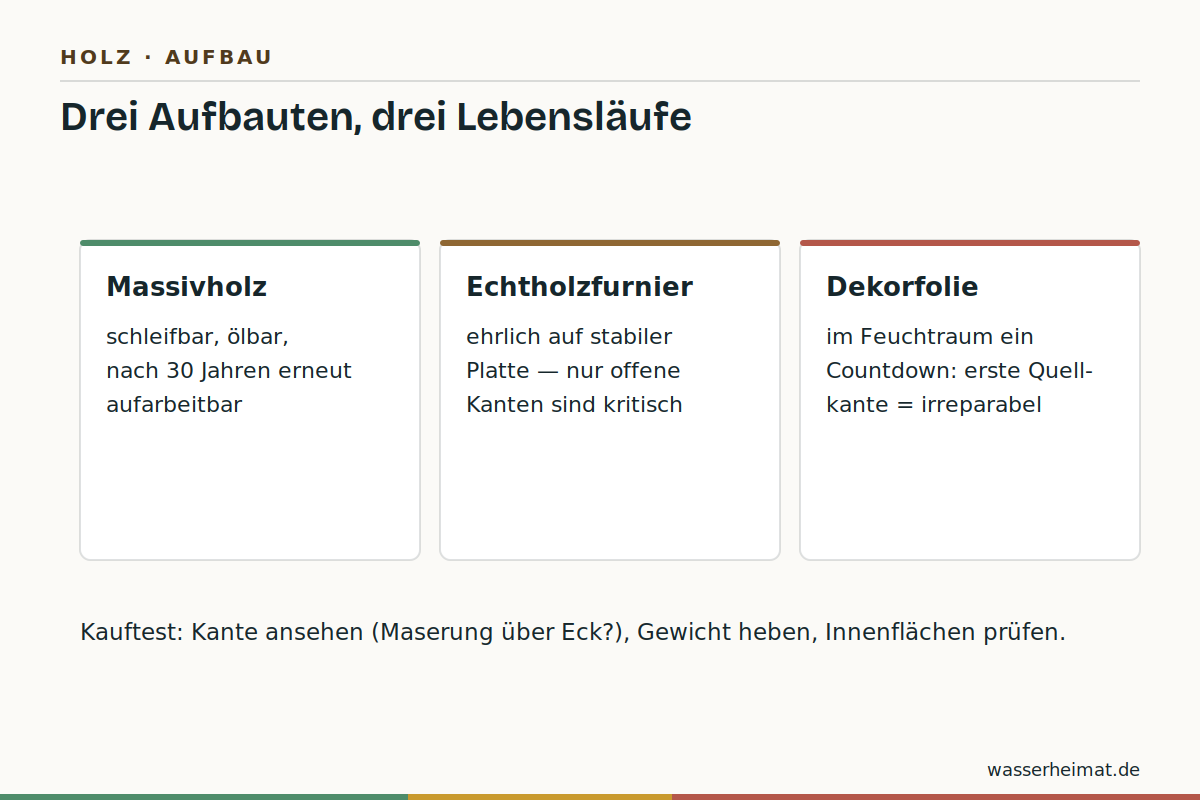 Drei Aufbauten, drei Lebensläufe Infografik: Massivholz gegen Furnier gegen Dekor im Feuchtraum-Vergleich