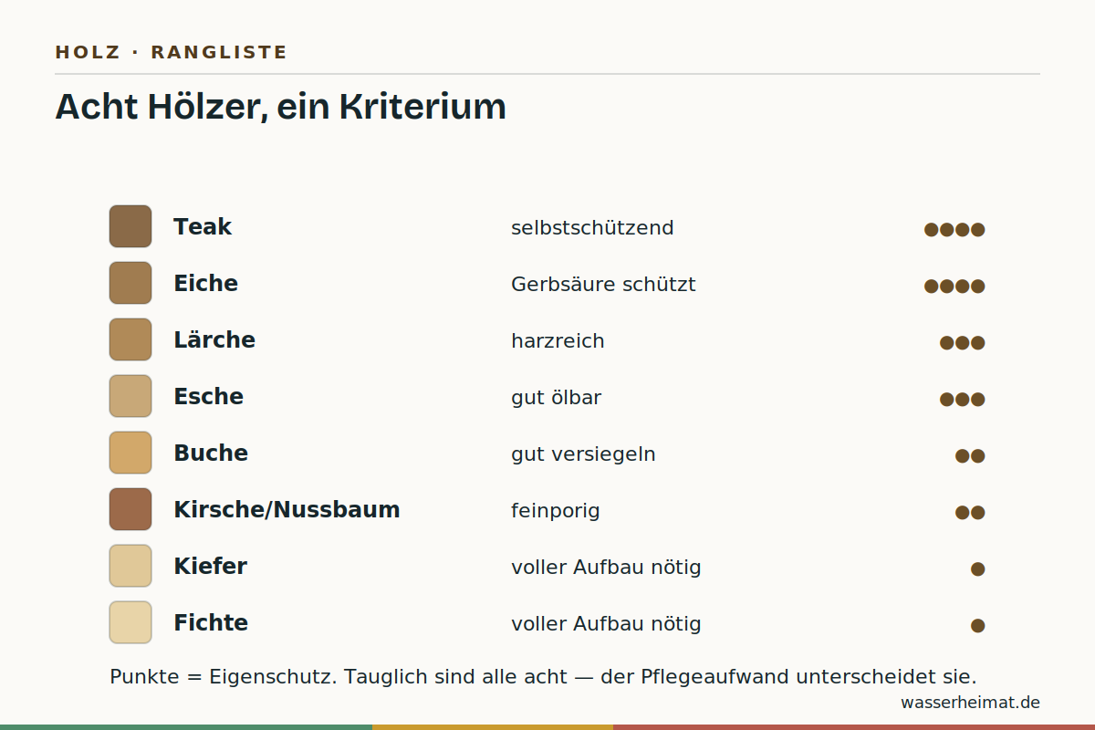 Von robust bis anspruchsvoll Infografik: acht Holzarten für Badmöbel nach Feuchteresistenz sortiert