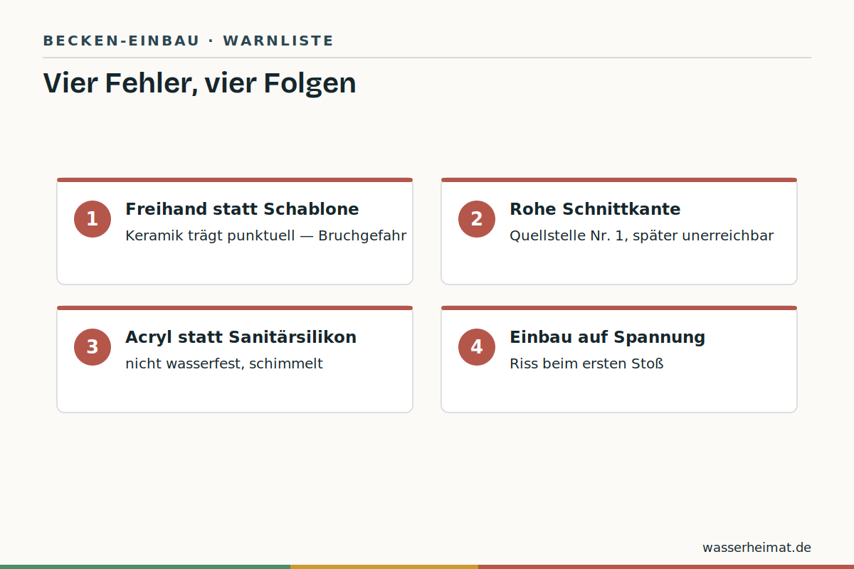 Vier Fehler, vier Folgen Infografik: die vier Einbaufehler – falsche Schablone, rohe Kante, Acryl statt Silikon, Spannungseinbau